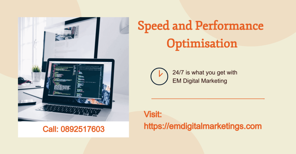 website design and SEO packages. speed and performance optimisation. 24/7support. website address. phone number present. computer screen graphic on the left, beige colour background.