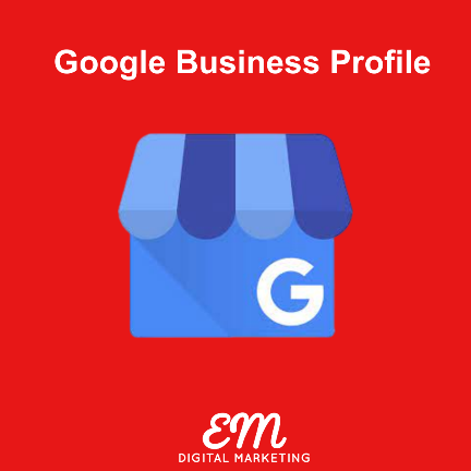 Google Business Profile Logo Text And Em Digital Marketing Logo On Red Colour Background