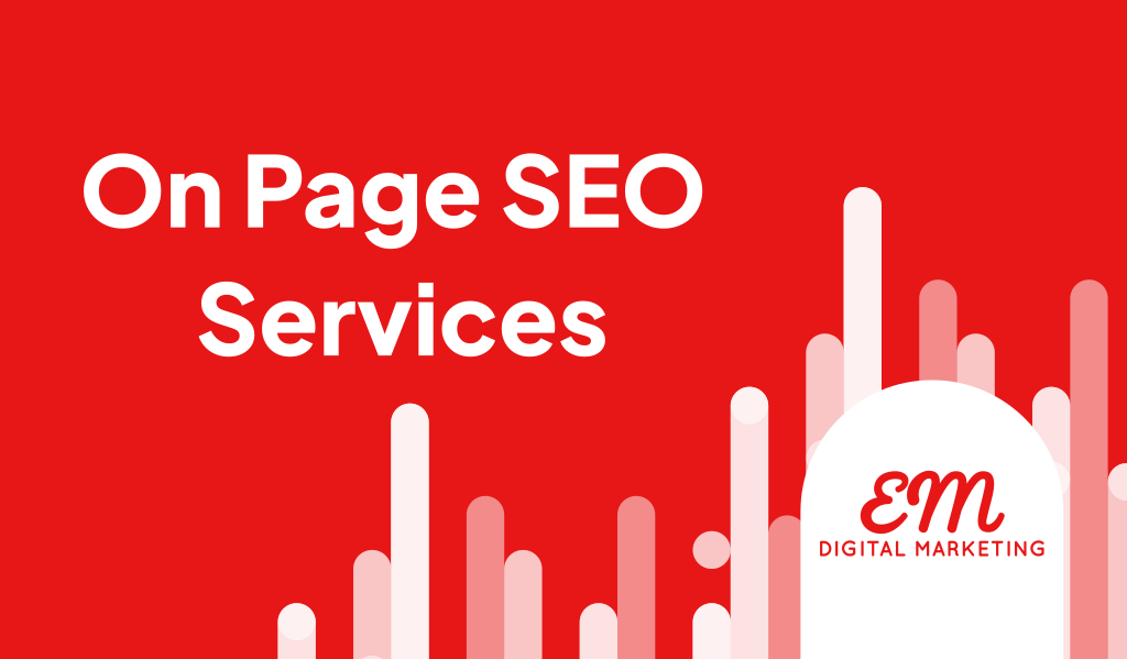 On Page Seo Service Image, Em Digital Marketing Logo. Red Colour Background.