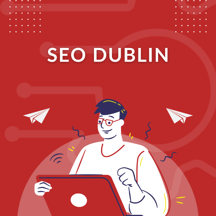 Seo Dublin Web Page Image. A Man Using Labtop Smiling On A Decorated Red Colour Background. Two Paper Planes On Either Side Of The Man.