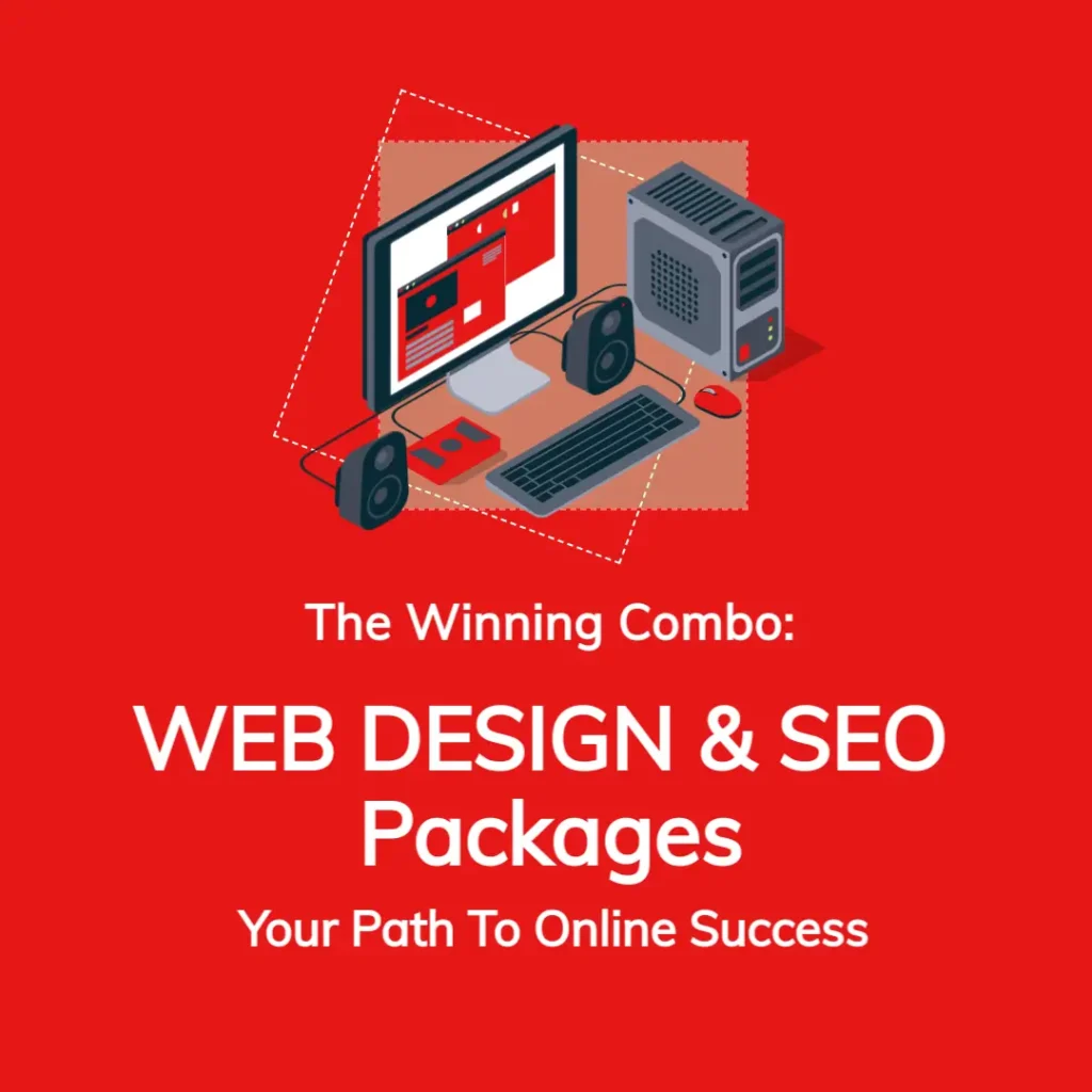 Em Digital Marketing Agency Service: Website Design&Amp; Seo Packages. The Winning Combo, Your Path To Online Success. Desktop Pc Image On The Top And Text Under It. The Image Background Is Bright Red.
