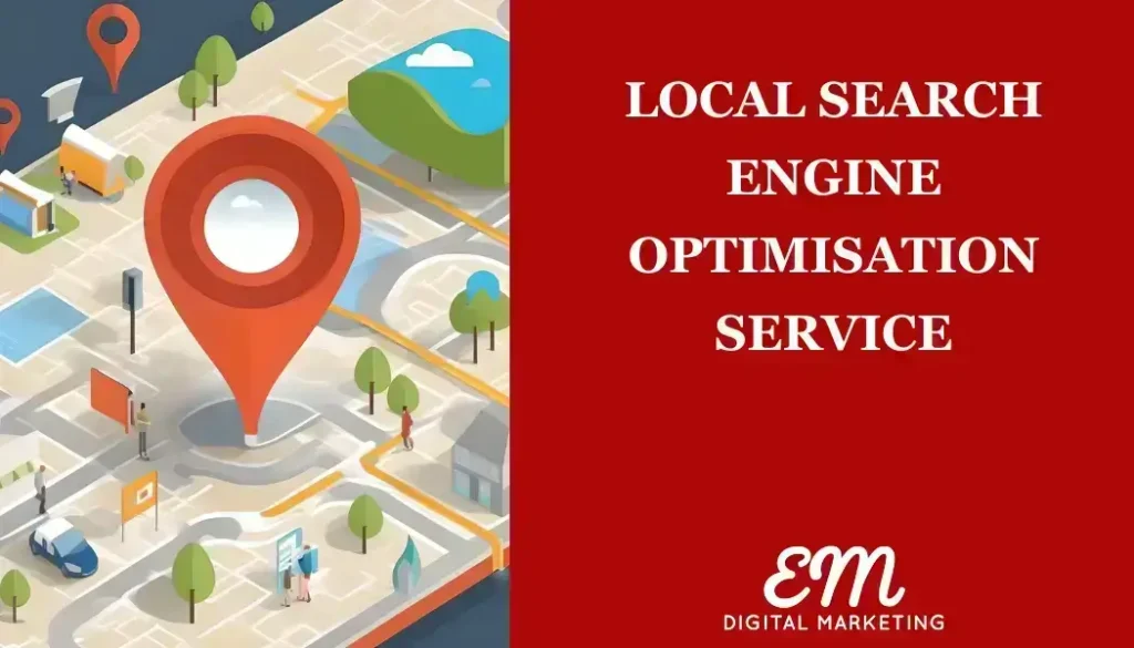 Local Seo Service Text On The Right Side And Logo In The Bottom, Background Colour Is Red. Google Map Is On The Left.