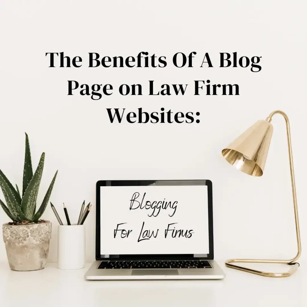 The benefits of a blog page text. A small green plant pot, a pen holder, laptop and a desk table lamp on the desk in a white clean background.