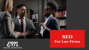 SEO for law firms. 3 Solicitors discussing something in the office.