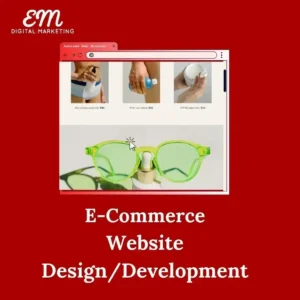 Ecommerce website design development on a red colour background. and an image of ecommerce website.