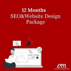 12 months seo&web design package on a red colour background. and an image on the right and logo.