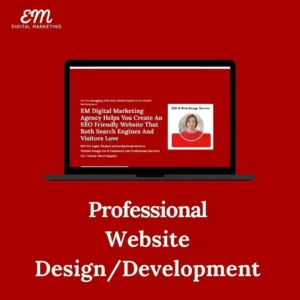 professional website design/optimisation service on red background and a image of a person using laptop
