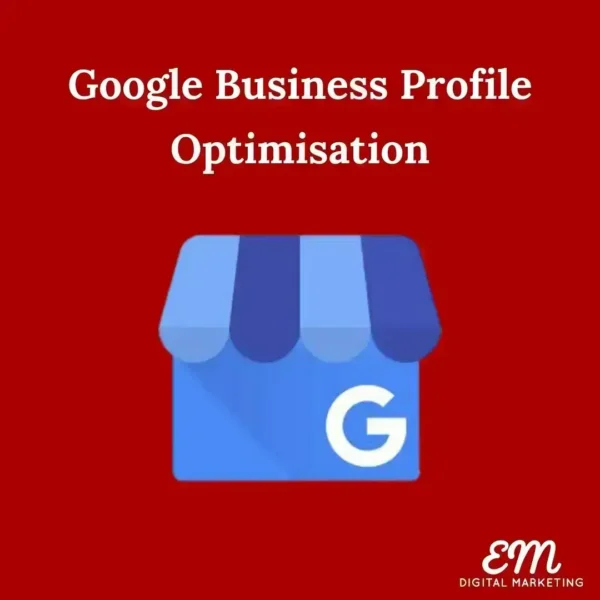 Google Business Profile Optimisation Service. Gbp Logo. Em Digital Marketing Logo. Red Background Colour