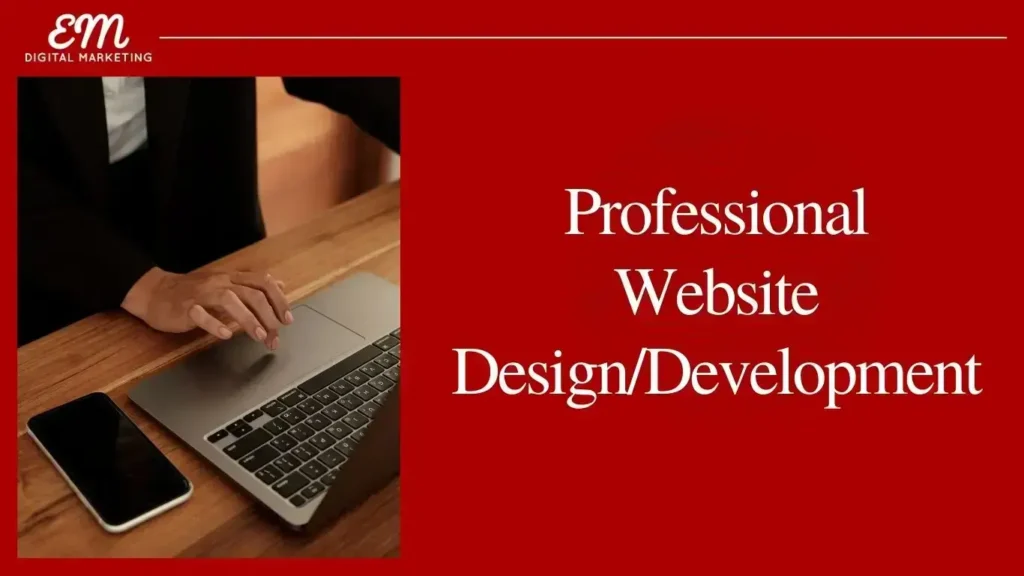 Professional Website Design/Optimisation Service On Red Background And A Image Of A Person Using Laptop